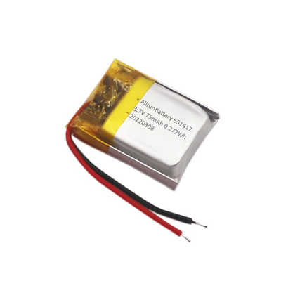 Bộ pin IoT mỏng có thể sạc lại Pin LiPo 3.7 V 75mAh tùy chỉnh 651417